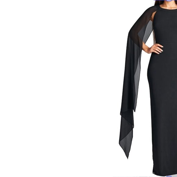 Black Cape Sleeve Column Gown XXL Formal Maxi Dress Sheer Chiffon Elegant - Picture 3 of 5
